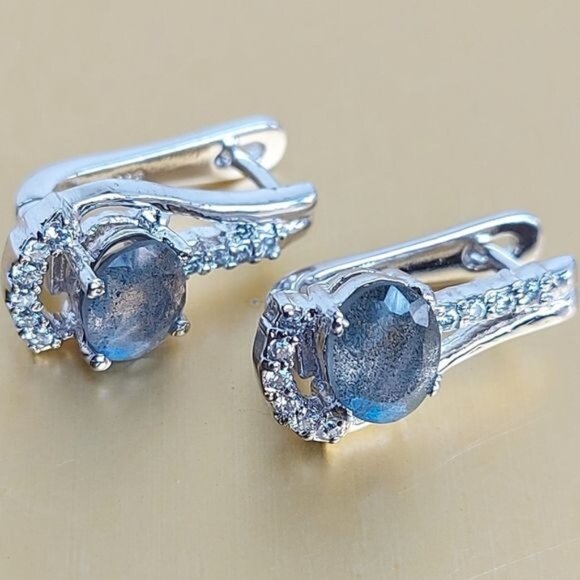 Natural Labradorite & CZ 925 Sterling Silver Earrings - Picture 1 of 1